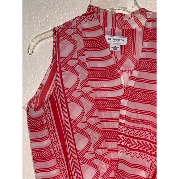 Liz Claiborne Petite PM Red White Sleeveless Printed Wrap Sheer Lightweight - Picture 6 of 14